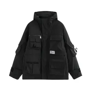 XYXIONGMAO Men’s Techwear Jacket Hooded Streetwear Tactical Utility Jacket for Men Multi Pocket Black Outerwear Casual Urban Tech Jacket Oversized Fit Functional Design with Zipper Pockets Adjustable Cuffs