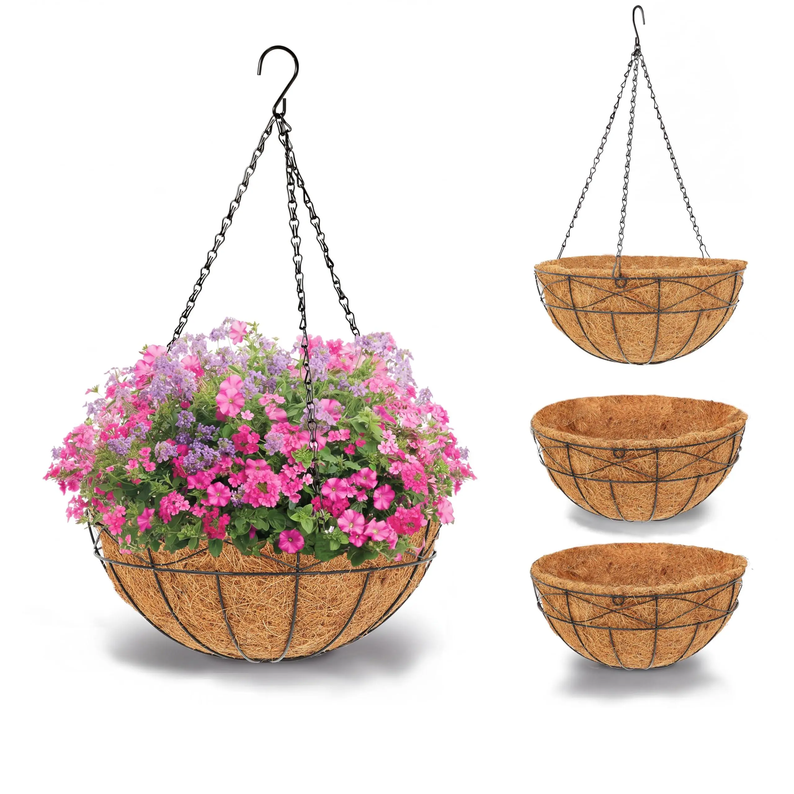 14in Hanging Planters for Outdoor Plants, Metal Chain Hanging Baskets with Coco Liner, Round Hanging Flower Pots for Porch Balcony Garden Patio Decor, Indoor Outdoor Use, 4PCS