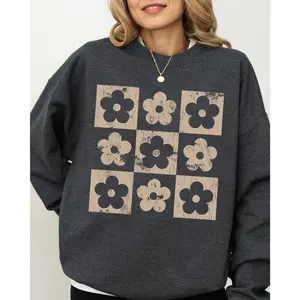 Retro Checkered Flowers, Minimalist, Vintage Sweatshirt, Women's Crew Neck, Crewneck