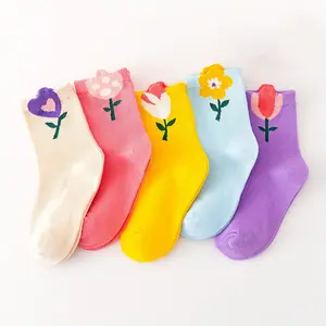 5 pairs of girls cartoon flower pattern knitted socks, cotton blend comfortable breathable soft crew socks, suitable for outdoor wear