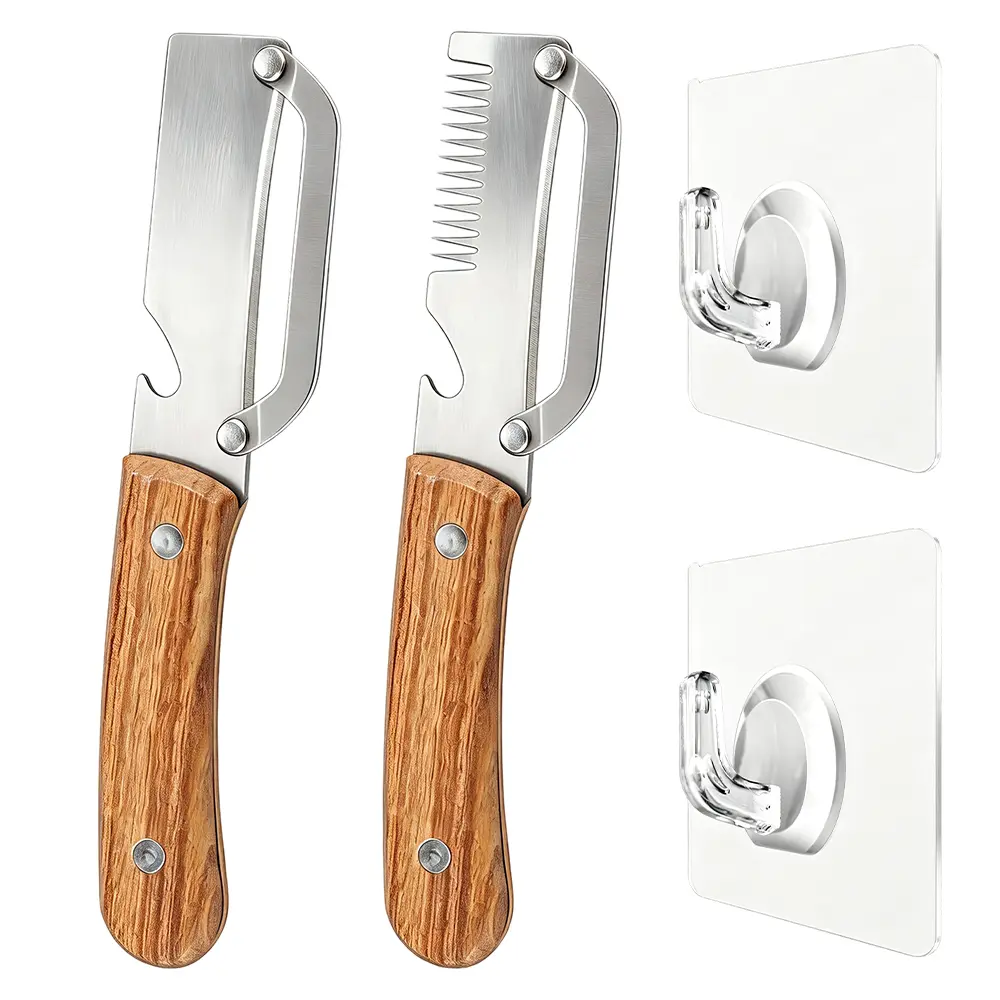 2-Pack Upgrade Kitchen Utensils Set: Stainless Steel Vegetable Peeler with Wooden Handle, Julienne Peeler with Shredder Blade, and Built-In Bottle Opener for Efficient Peeling