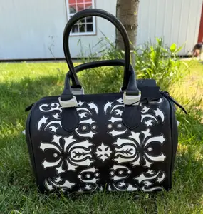American Darling MEDIUM genuine hand tooled leather speedy- black with white inlay & metal embellishments
