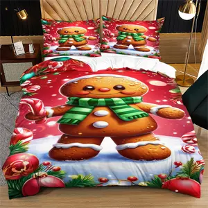 Red Christmas Theme Duvet Cover Set, Includes One Quilt Cover and 1/2 Pillowcases, Cartoon Gingerbread Man, Candy Cane Pattern, Soft Comfortable Bedding, Holiday Bedroom Decoration or Gift Rec.