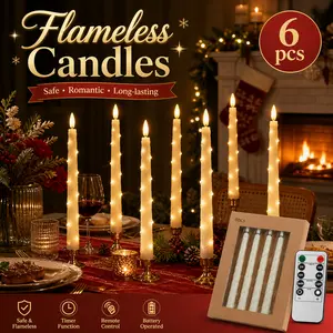 Flameless LED Candles with Embedded Star String, 6 Pcs Battery Operated Acrylic Candles with 10-Key Remote, Flickering Candles for Baby Shower, Wedding, Valentine, Holiday Party, Birthday