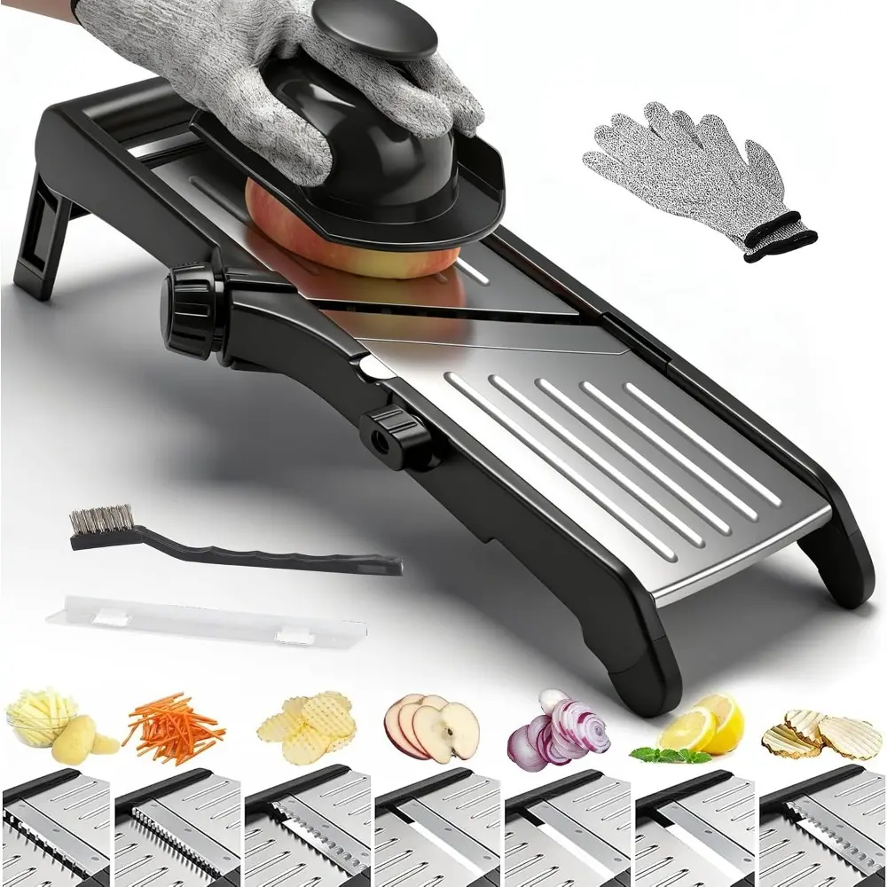 Mandoline Slicer for Kitchen, 7-in-1 Adjustable Vegetable Slicer | Stainless Steel Food slicer, Adjustable Blade, Slices, Julienne, Waffle and French Fries Cut, Includes Gloves and Brush