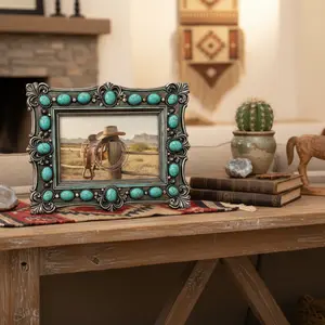 Western Ornate Scroll Turquoise Beads 6” x 4” Picture Frame