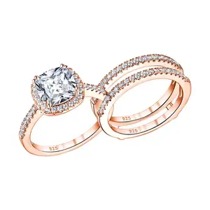925 Sterling Silver Rose K Gold Engagement Rings Set for Women Halo Cushion AAAAA CZ Guard Wedding Bands Enhancer  #Love Story