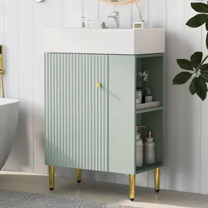 [SOIYELIFE] 21.6" Green Bathroom vanity, Combo Cabinet, Bathroom Storage Cabinet, Single Ceramic Sink, Right side storage,Unique furniture,