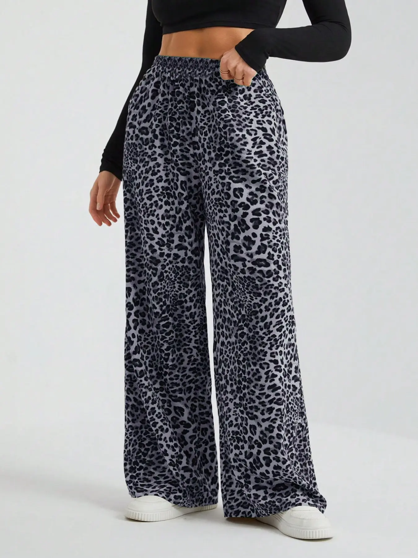 Three-Color Leopard Print Oversized Wide Leg Pants, High Waist Drapey Loose Fit, Plus Size Curvy Casual Chic Versatile Floor-Length Trousers, Womenswear Bottoms