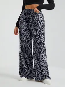 Three-Color Leopard Print Wide Leg Pants, High Waist Drapey Loose Fit, Plus Size Casual Versatile Floor-Length Trousers