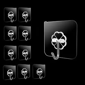 10 transparent self-adhesive kitchen hooks, strong clear wall hooks for heavy duty use, no-drill wall-mounted hangers with floral design and no residue, perfect for easy kitchen organization, a must-have kitchen storage tool to help you effortlessly tidy