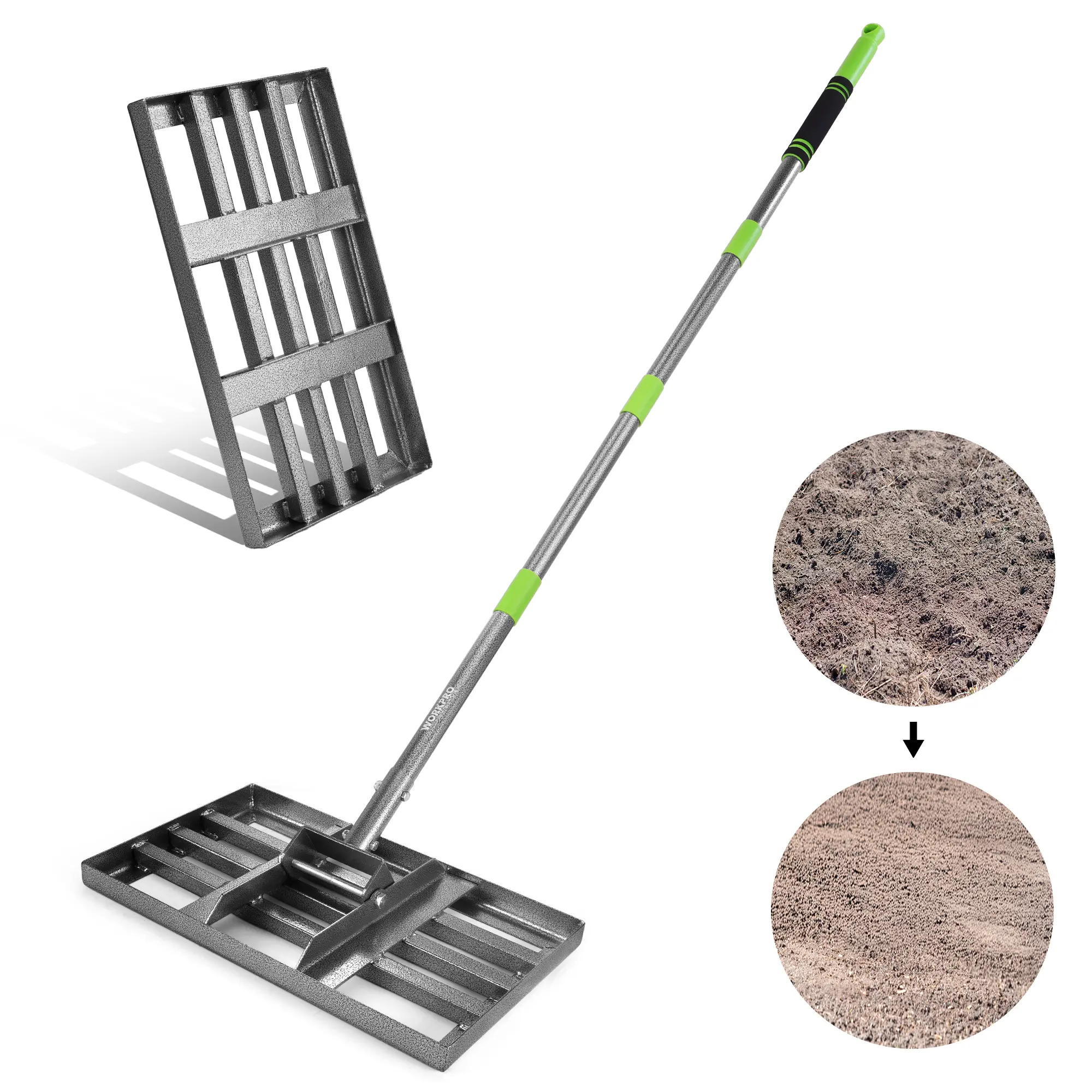 WORKPRO Lawn Leveling Rake, Rake with 75-Inch Adjustable Handle, Heavy-Duty Leveling Rake, Premium Stainless Steel, No-Slip Grip, for Garden, Backyard, Golf Course, Farm, Pasture