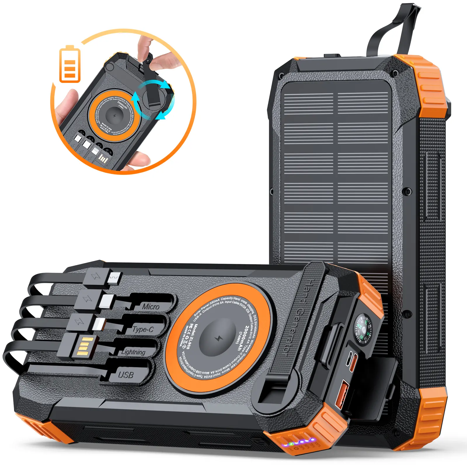 20000mAh Solar Power Bank with Built-in 4 Cables & Hand Crank Generator, Wireless Portable Charger for iPhone, Samsung & Apple Watch, Emergency Flashlight