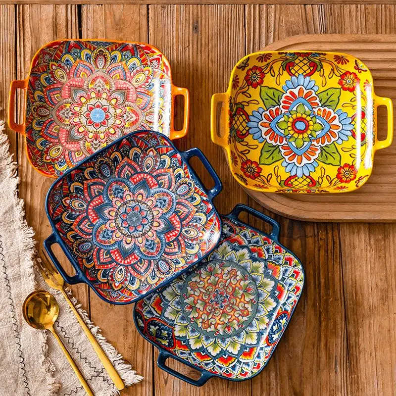 Boho Style Ceramic Dinner Plate, 4 Counts/set Creative Breakfast Plate, Large Deep Plate for Home and Restaurant Use, Microwave Safe Kitchenware, Plates
