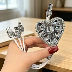 Cute Girly Heart Charger Cable 3-in-1 Clear Pink Bling Crystal Rhinestone Sparkly Car Decor Fast Charge TikTok Gift