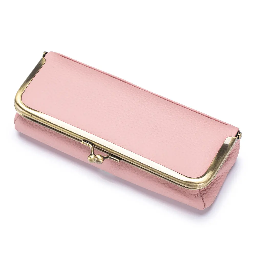 Premium Cowhide Leather Glasses Case, Spacious Kiss Lock Pencil Bag & Portable Coin Purse for Stylish Women