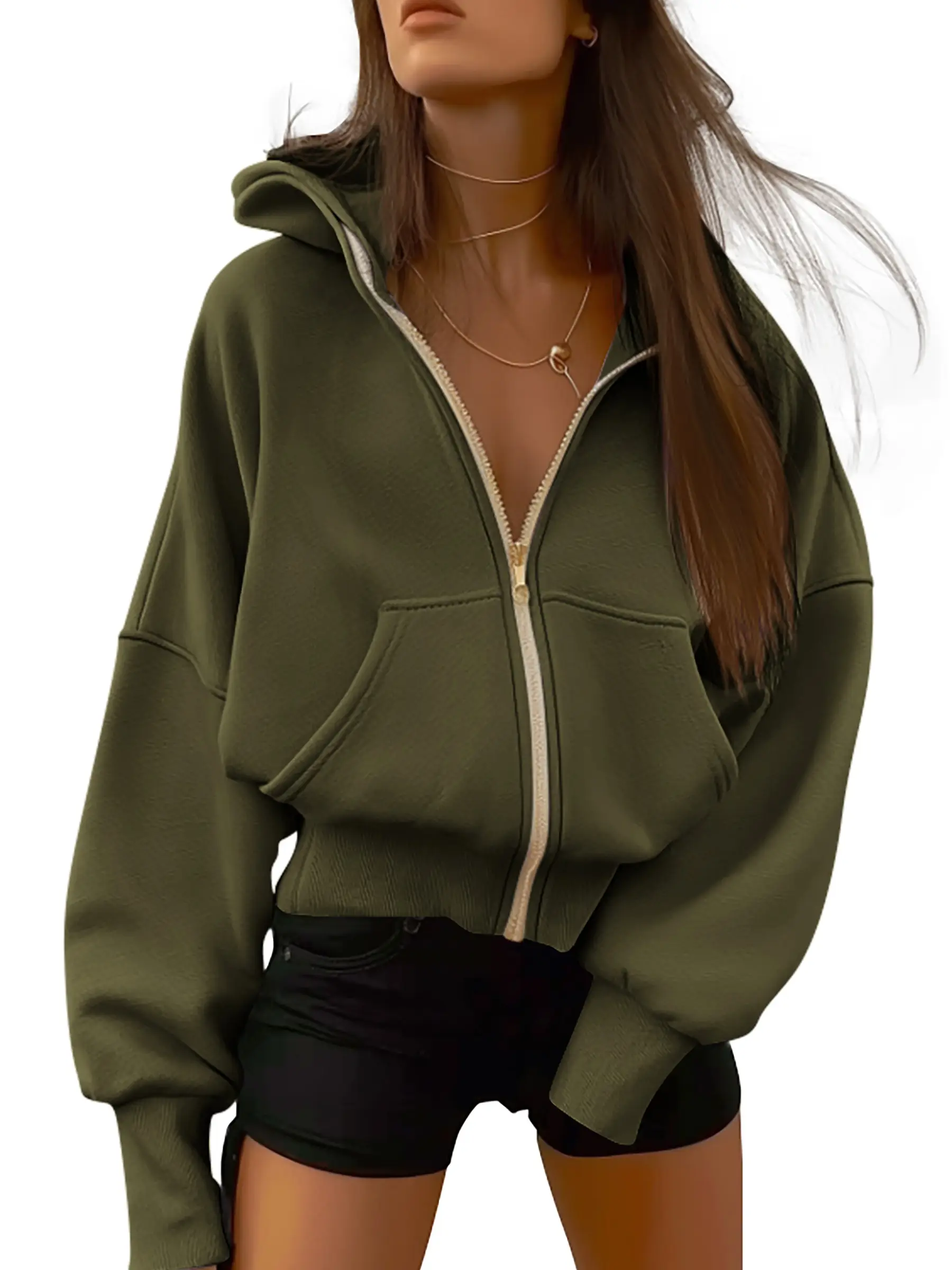 BTFBM Women's Gold Zipper Hoodie Long Sleeve Fleece Y2K Style Casual Sweatshirt with Pockets for Fall Winter Clothes