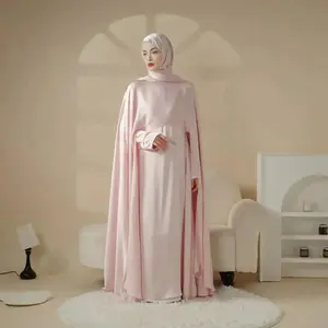 3-Piece Luxury Satin Wedding Cape Jewel Neck Cloak Bridal Abaya Set (MOA044) - Eid Ramadan Traditional Evening Formal Dress Matching Hijab abayafashion modest abaya nikahdress muslimah abaya dubai abaya modestfashion abayagirls muslimah dress  umrah elega