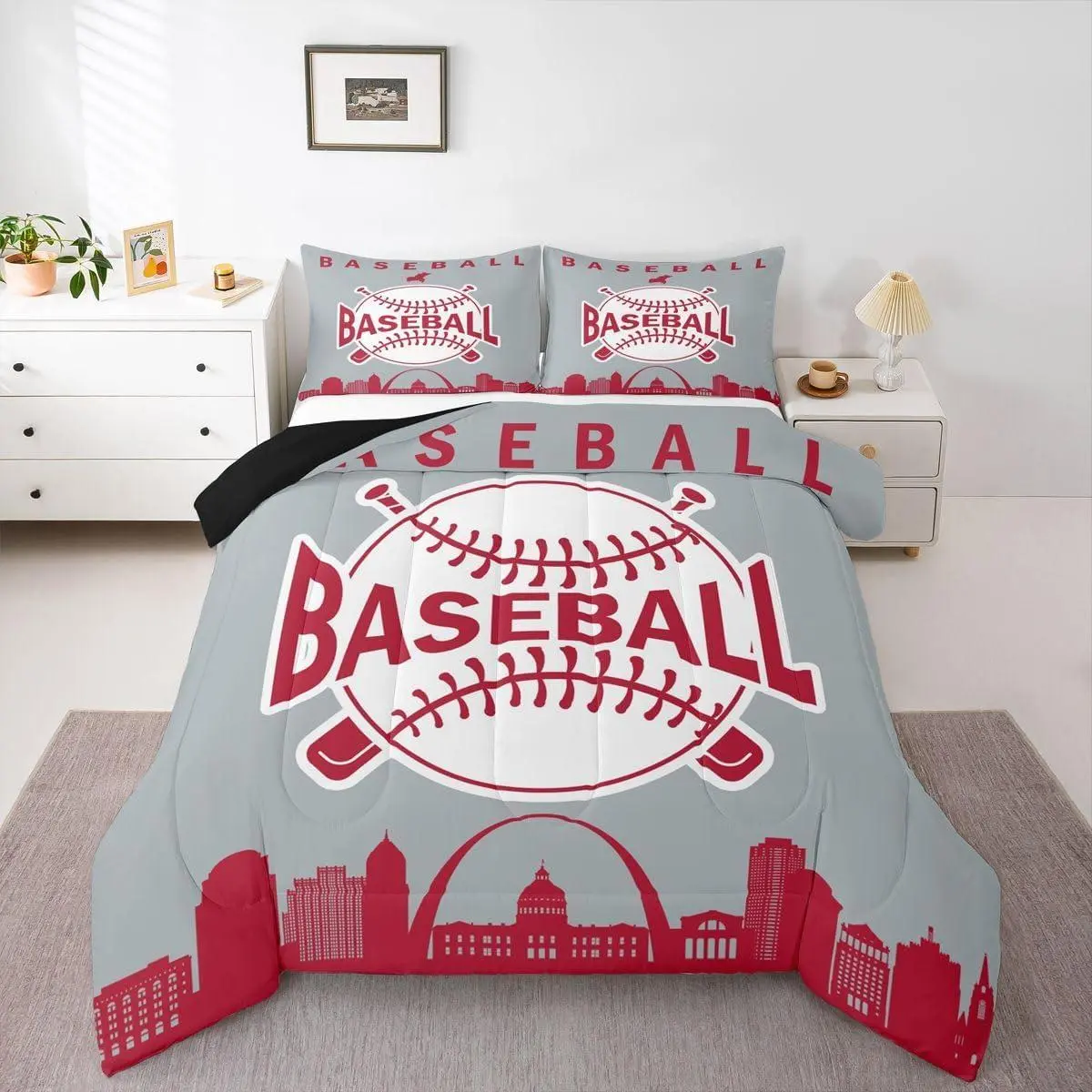 Baseball Quilt Bed,Baseball City Comforter Set Sports Ball Games Bedding Set Adult,City Building Silhouette Bedding Comforter Sets,Red Grey
