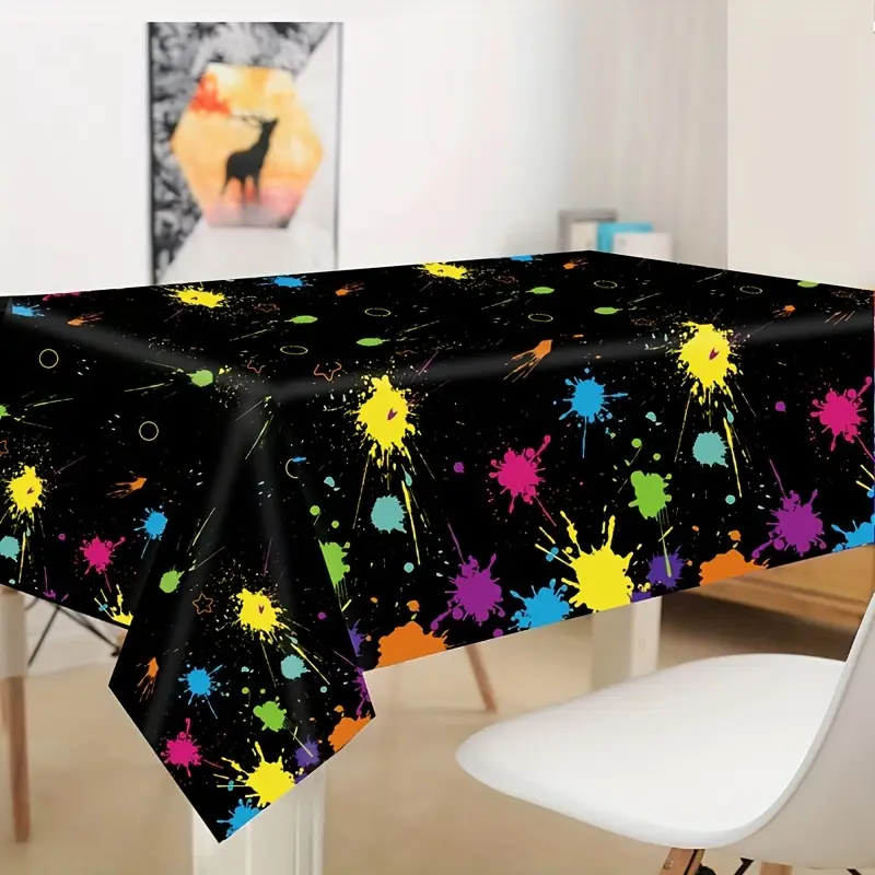 Colorful Paint Splash Black Tablecloth, Neon Ink Splatter Table Cover, Art Themed Party Decor, Birthday Baby Shower Disco Holiday Indoor Outdoor Table Decorations Halloween & Christmas  Ornaments