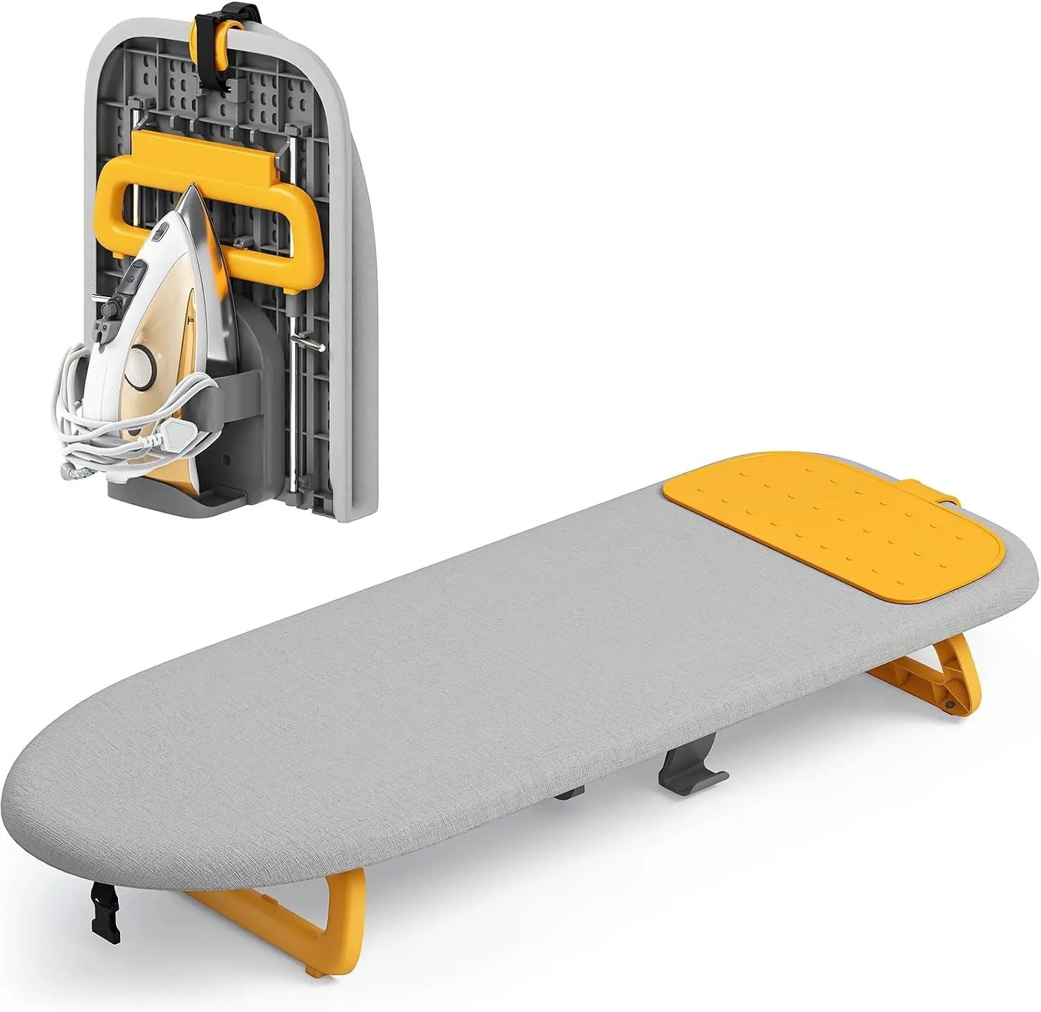KINGBOARD Small Ironing Board with Iron Holder,Space Saving 12x32 Grey | Tabletop Ironing Board with Heat Resistant Cover, Foldable Mini Iron Board with Non-Slip Feet, Easy Storage for Travel & Dorm