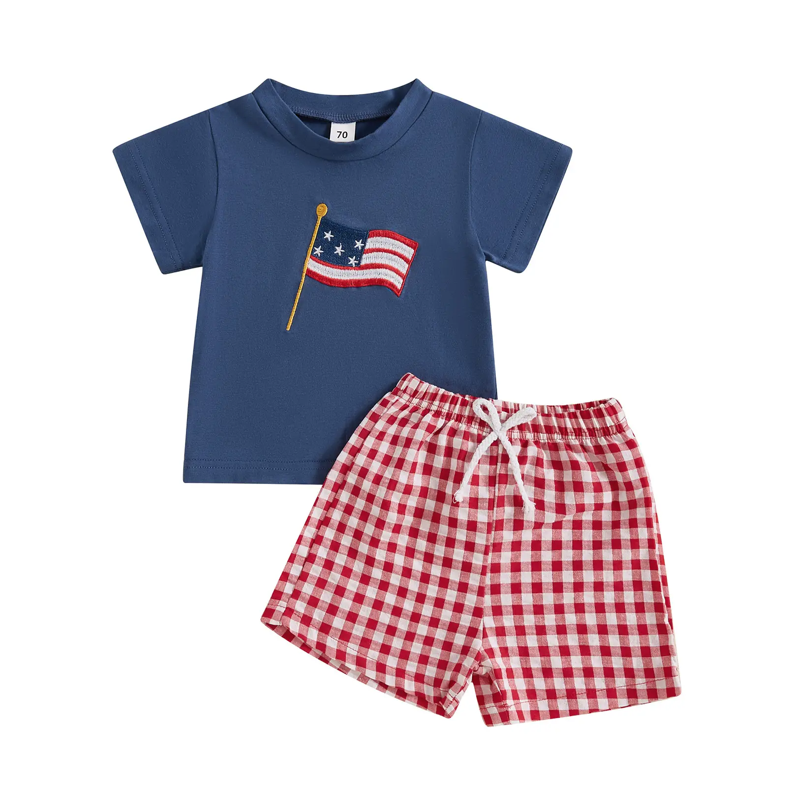 Baby Boy 4th Of July Outfit Baby Boy Summer Clothes American Flag Embroidery T-shirt+Plaid Print Short Toddler Boy Clothing