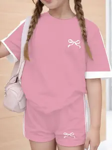 Teen Girls Casual Bow Tie Striped Short Sleeve Round Neck T-Shirt and Shorts Set, Summer Fall Fashion, Comfortable Layered