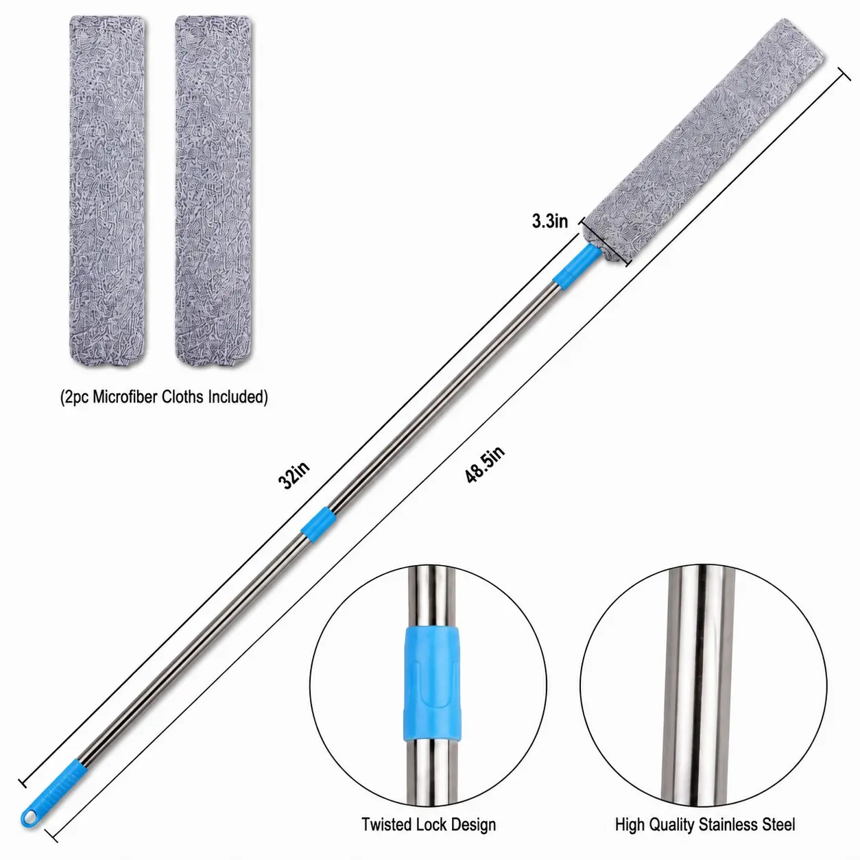 Retractable Gap Dust Cleaner with 2 Microfiber Cloths 48in Long Handle Light-Duty Washable Duster for Appliances Furniture Couch Fridge Cleaning Tools Twisted Lock Design
