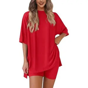 Women's summer two-piece set 2025 casual shirts biker shorts matching airport travel outfit split hem Lounge, Women 2 Piece Sets, Short Sets For Women,summervibes