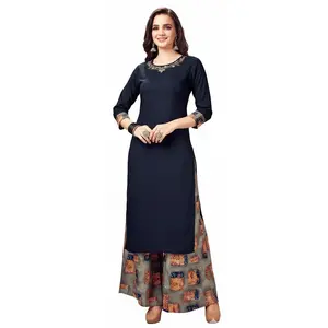 #Taste-4 Navy Blue Rayon  Kurta with Printed Palazzo Pants