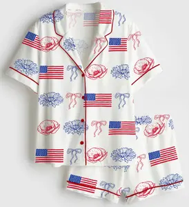 Women’s 250 Years Of Freedom 4th Of July Patriotic Short Sleeve Silky Satin Pajama Set for Adult & Youth, USA Flag & Bow Short Sleeve Satin Pajama Set, Coquette 4th of July Satin Sleepwear, Cute Graphic Nightwear (no pocket)