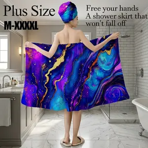 Plus Size M-XXXXL Purple Blue Gold Marble Swirl Print Bath Wrap Skirt & Hair Towel Set, Non-Slip Adjustable Shower Skirt for Bathroom, Spa, Luxury Gift, Holiday Party