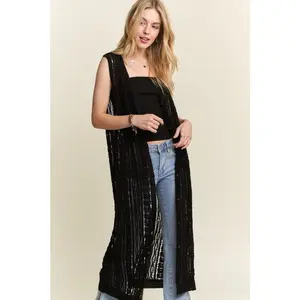 Boho Button Down Sleeveless Cardigan, Black