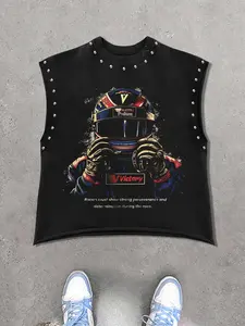 Men's Trendy Fitted Round Neck Graphic Sleeveless Vest with Armpit Pads, Breathable Lightweight Summer Top, Casual Daily Wear, Comfortable and Stylish Design Tank Top