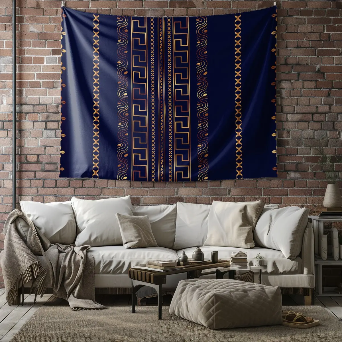 Greek Key Pattern Tapestry Black, Gold, and Blue Geometric Print Tapestry, Vintage-Style Tapestry, Greek Key Design, Living Room, Bedroom, Dorm Room Decor, Suitable for Adult Men and Women