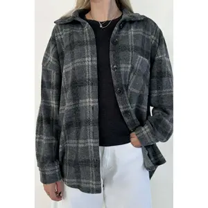 Cabin Time Grey Plaid Button Down Shirt Jacket - Soft Lightweight Knit Fabric with Button Down Front & Oversized Fit