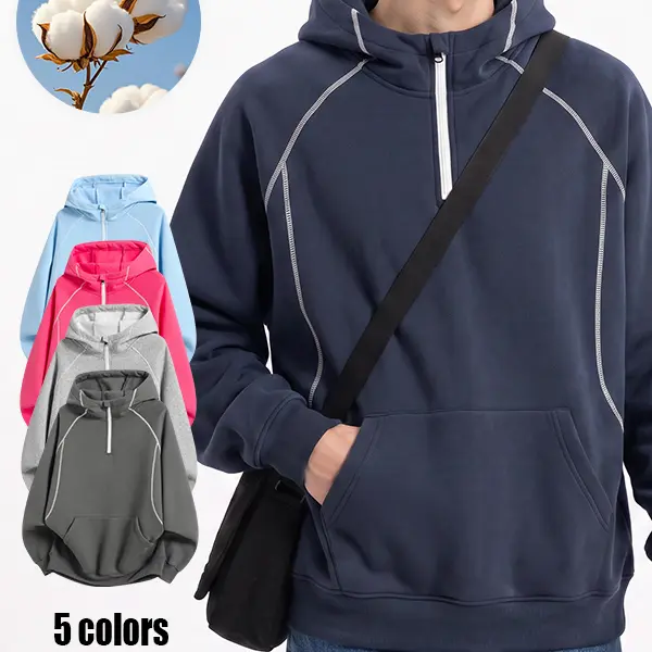 Quarter Zip Contrast Stitch Hoodie, Unisex Oversized Raglan Sleeve Pullover Sweatshirt, White Contrast Seam, Front Kangaroo Pocket Casual Street Hoodie for Men and Women, Multiple Colors