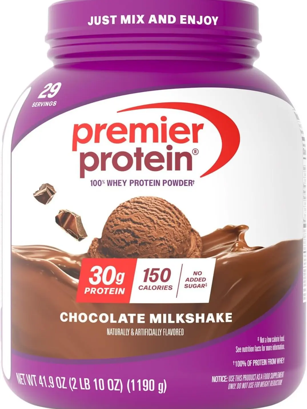 Premier Protein Powder, Chocolate Milkshake, 30g Protein, 1g Sugar, No Soy, Gluten Free, 41.9oz (29 Servings)