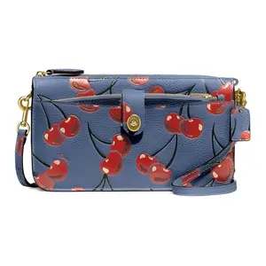 COACH Noa 21 Leather Cherry Print Messenger Bag, Small Crossbody Shoulder Bag for Women in Blue