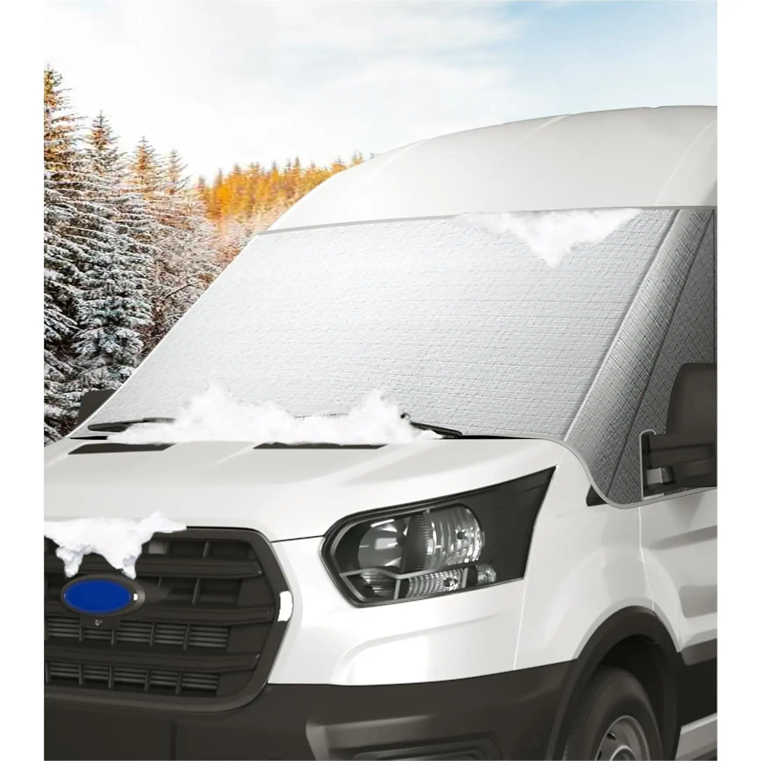 Front Windshield Cover for Ford Transit 2015-2026 Motorhome & Van, 3-Layer Cotton Oxford Fabric Sunshade with Anti-Theft Corner Belt, Silver UV Blocking Privacy Shield with Mirror Cutouts for Van Travel, Three Layers Of Cotton