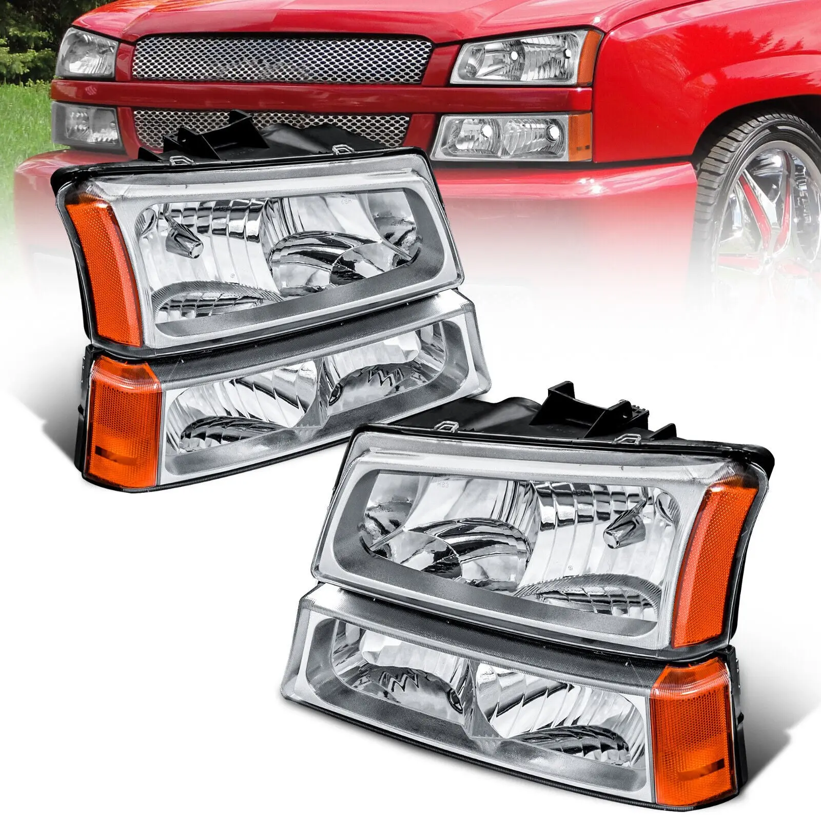 MOSTPLUS Headlight Assembly For 2003-2006 Chevy Silverado Avalanche 1500/2500/3500 With Chrome Housing/Transparent Lens/Amber Corner