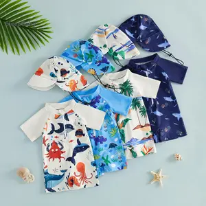 Baby Boys Girls Rash Guard Swimsuit Tropical Plant/sea Animal Print Short Sleeves Swimwear And Swim Cap Beachwear
