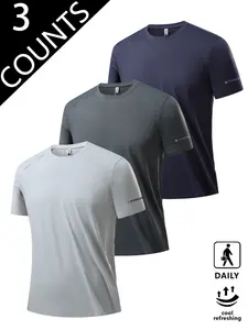 3-Pack Plus Size Men's Quick-Dry Sports T-Shirts, Workout Sportswear, Breathable Short Sleeve Athletic Tops, Comfortable and Durable Design