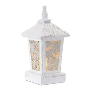 360 Stand 14 in. Wooden/PVC Cut Out LED Light Lantern - White Home Decor with Plastic Accents, Floral/Snowflake Ornaments, USB Cord Included, 3 AA Batteries Not Included