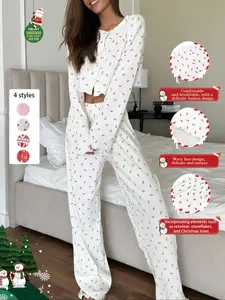 Women's Fall Winter Casual Knit Lounge Set Sweet Heart Print Long Sleeve Pants Set, Loose-Fitting Kint Fabric, Moderate Thickness, New Arrival