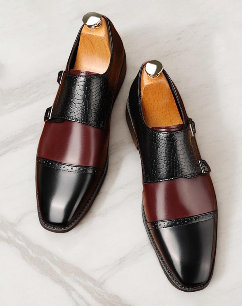 Men's Two-Tone Double Monk Strap Dress Shoes, Black & Burgundy Croc-Embossed Formal Leather Shoes97856