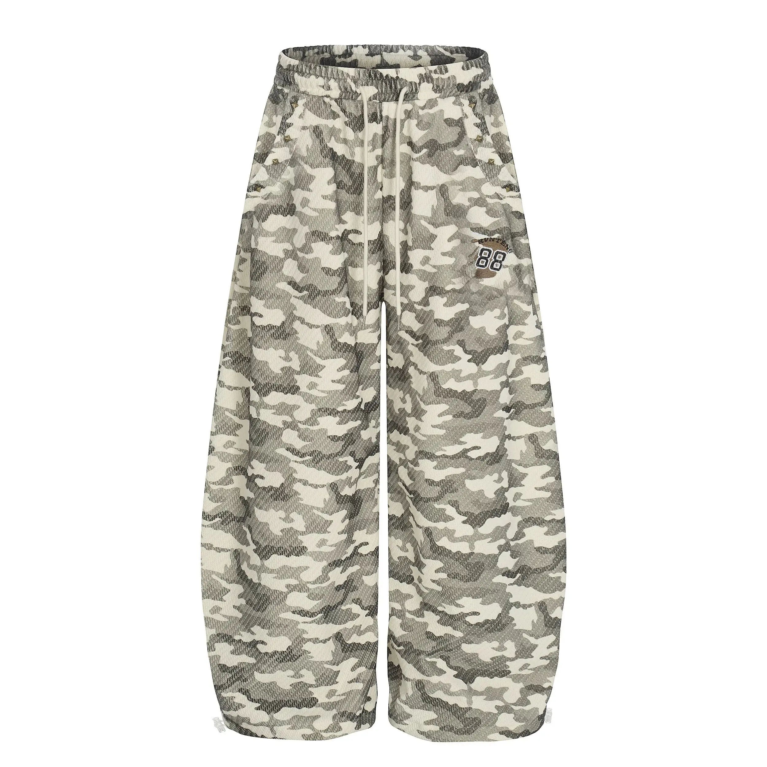 Unisex Light Camo Print Baggy Wide Leg Sweatpants Mini Square Patch Drawstring Elastic Waist Loose Oversized Y2K Hip Hop Skater Streetwear Lounge Track Pants