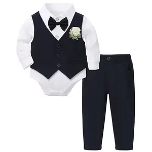 3pcs Newborn Baby Boy Long Sleeve Gentleman Suit 0-24M One-Piece Shirt Vest Pants Bow Tie Corsage Soft Comfortable Toddler Party Wedding Outfit