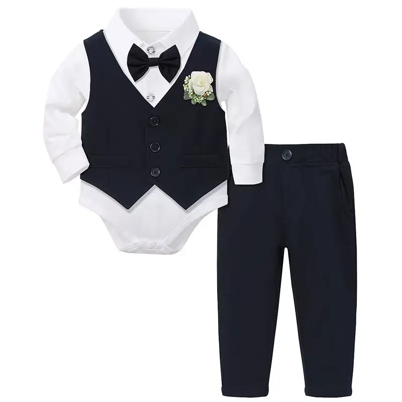 3pcs Newborn Baby Boy Long Sleeve Gentleman Suit 0-24M One-Piece Shirt Vest Pants Bow Tie Corsage Soft Comfortable Toddler Party Wedding Outfit
