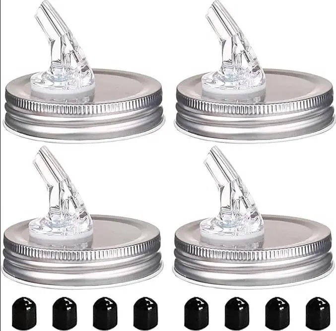 Reusable Kitchen Mason Jar Pour Spout Tool Set (4 Pcs) - 8 Plastic Lids, 70mm Regular Mouth Tinplate Lids Dispenser, Leak-Resistant Food-Grade Supplies for Oil, Vinegar, Coffee Shop Creamers, Free-Flowing